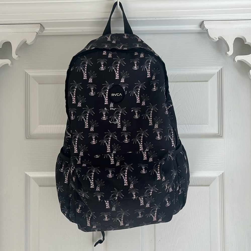 RVCA backpack - used - black w/ light pink palm trees